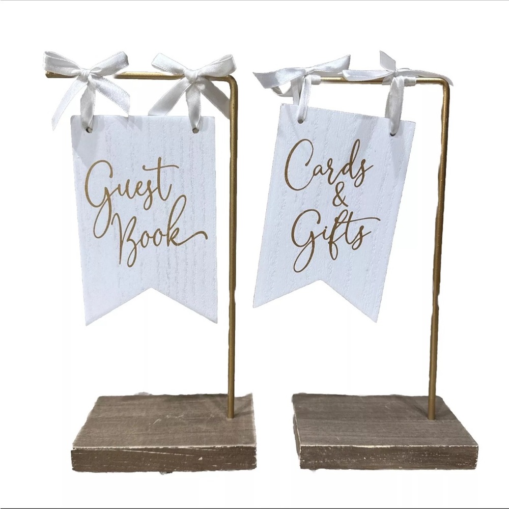 Wedding Reception set of 2 Pennant Wood Decorations Guest Book, Cards and Gifts